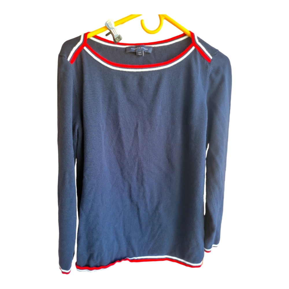 Tommy Hilfiger Womens cotton knit Sweater Size Large Blue red white stripe